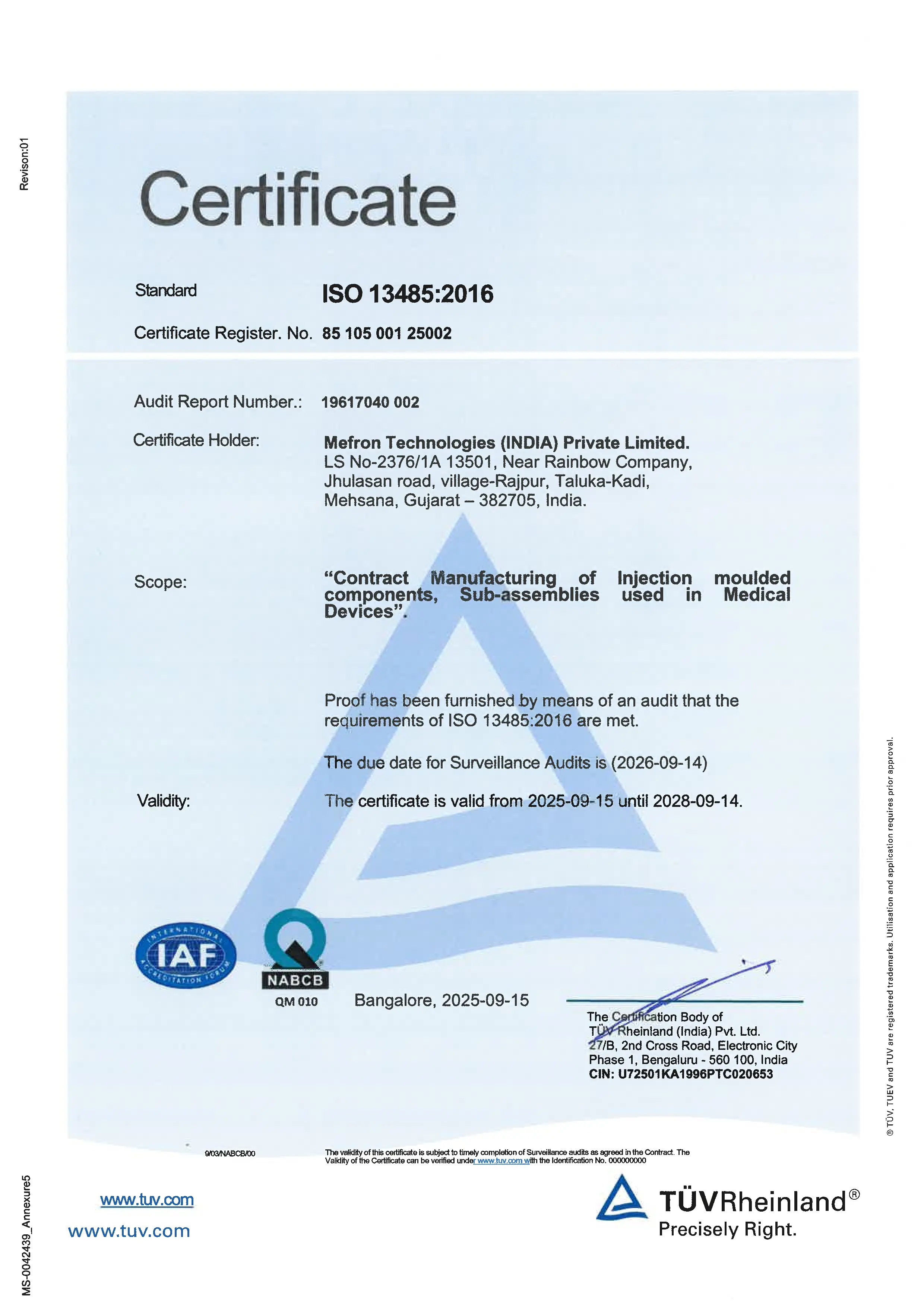 Mefron Technologies ISO 13485 Certificate