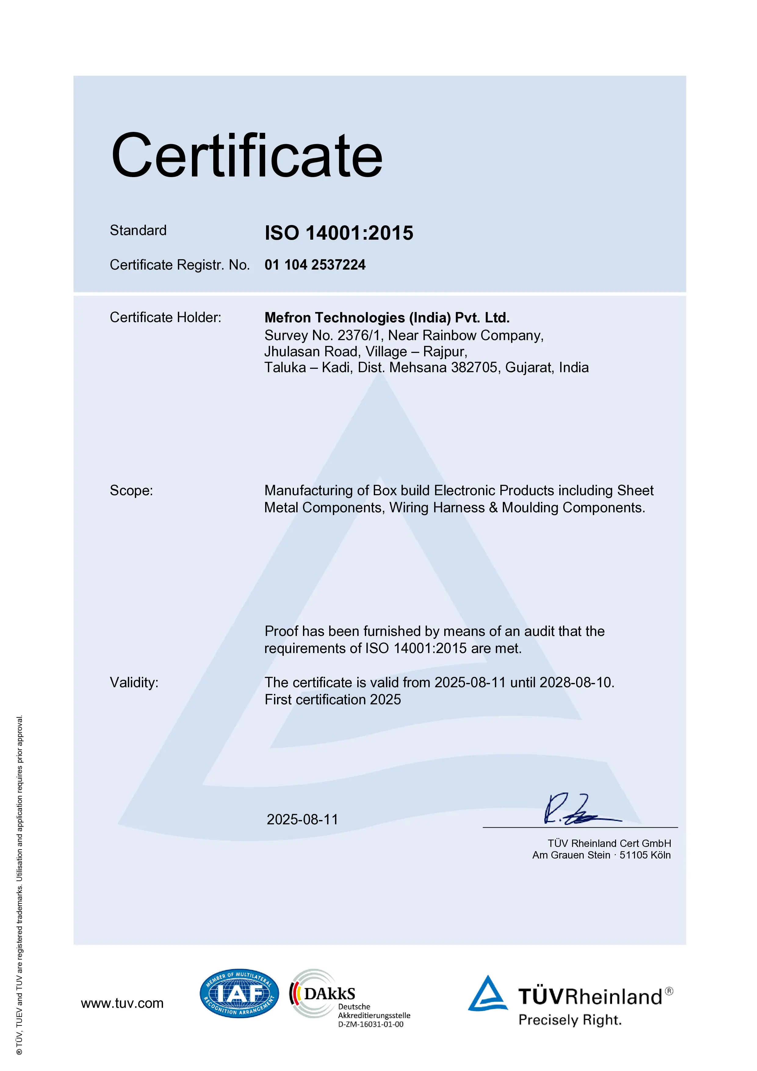 Mefron Technologies ISO 14001 Certificate