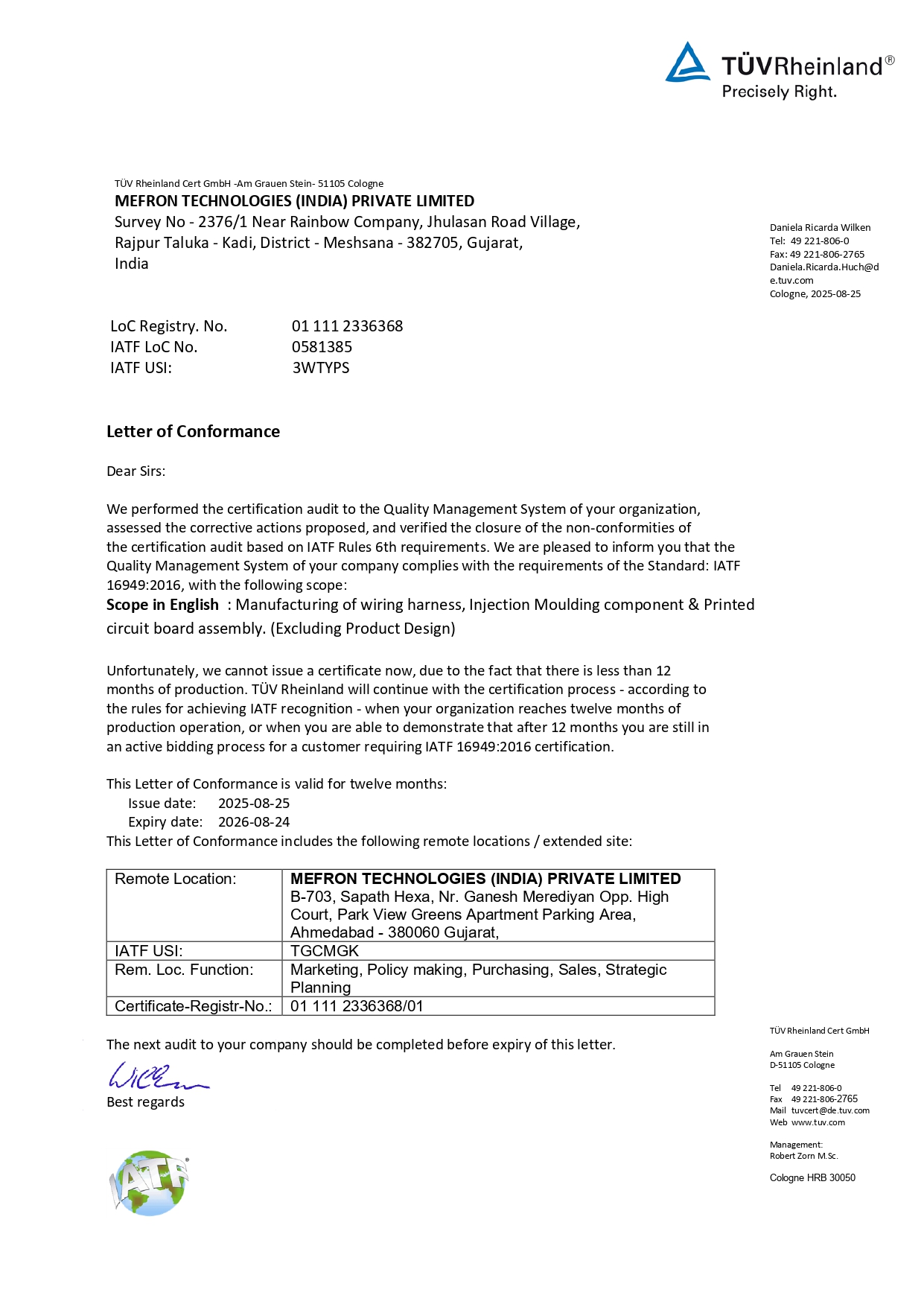Mefron Technologies IATF 16949 Certificate