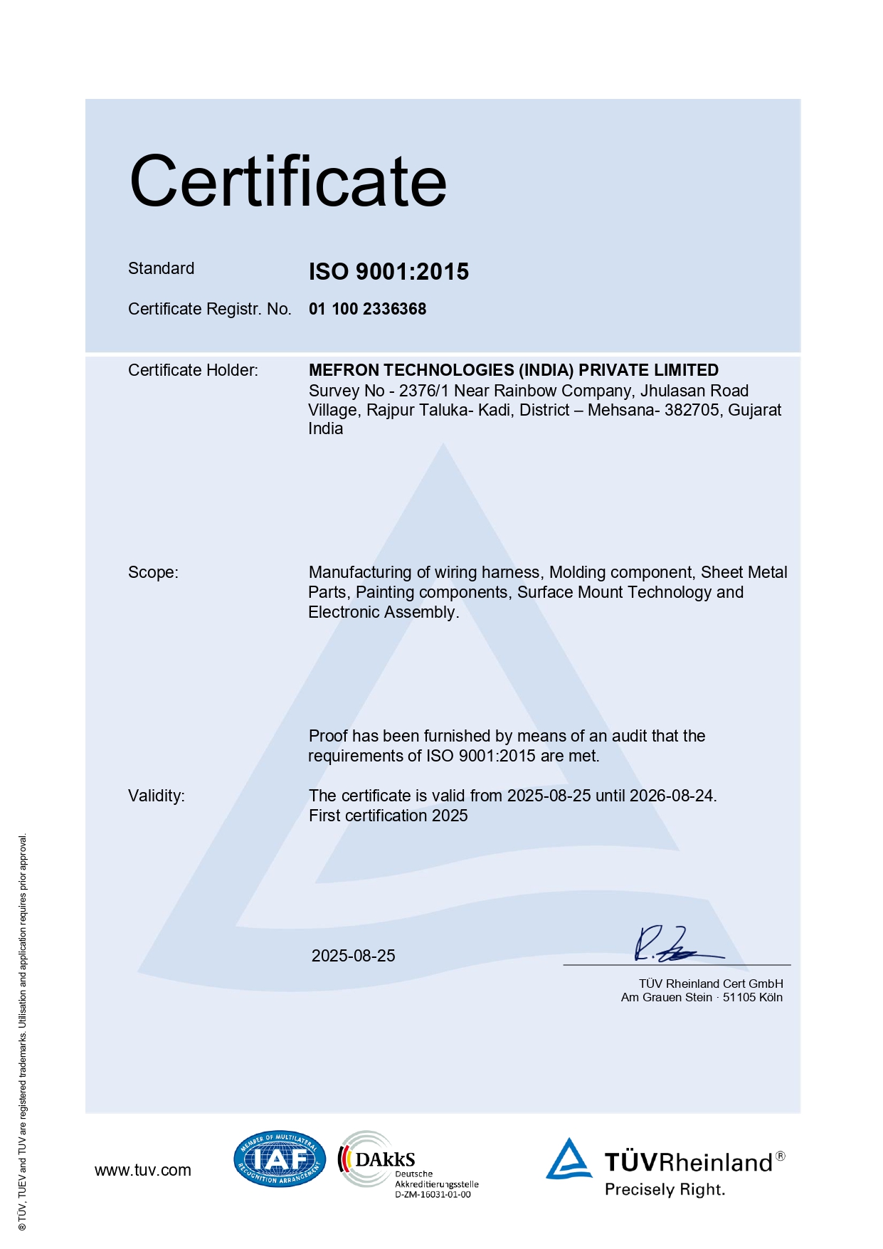 Mefron Technologies ISO 9001 Certificate